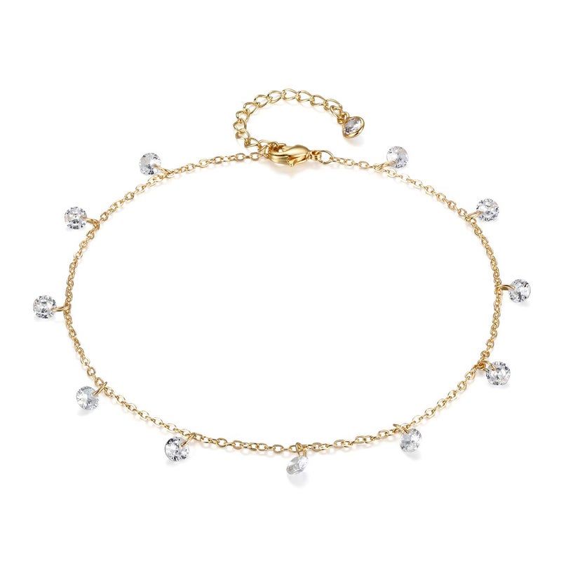 LOYATA Dainty Cubic Zirconia Ankle 14K Gold Plated Tiny Bead Anklet Dainty White Cubic Zirconia Crystal Dangle Tassel Foot Chain Foot Jewelry Boho Anklet for Women - Image 1